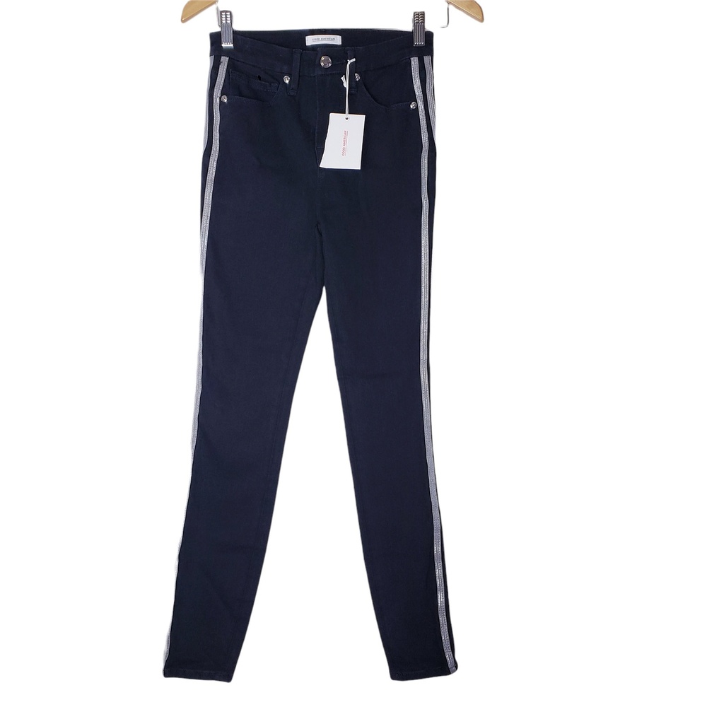 Good American Size 2/26 Good Legs Athletic‎ Metallic Stripe Jeans Black NWT